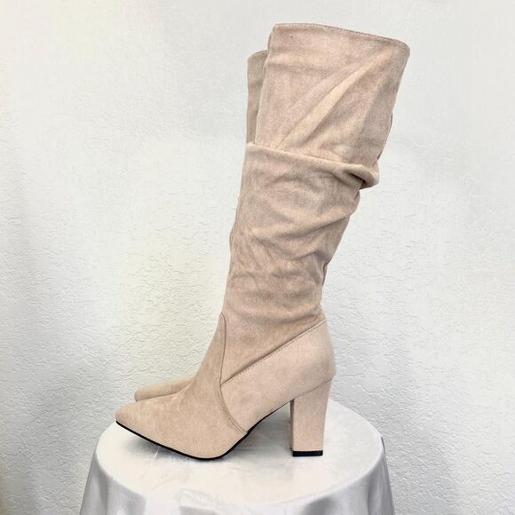 Elegant 90s Style Western Slouchy Nude Tan Faux Suede Knee High Heel Boots 6.5 - Picture 8 of 8